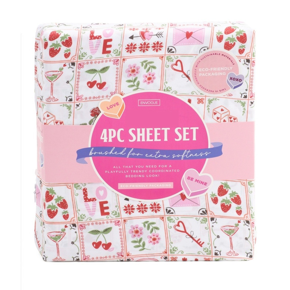 EnVogue Queen 4PC Sheet Set Fruit Stamp Print Valentine Heart Pink White